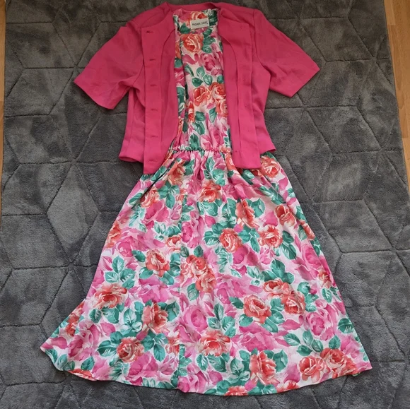 Andrea Gayle VTG 80s Floral Dress & Pink Blazer Jacket Cottage Retro Spring 10 - Picture 7 of 7